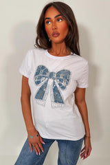 rhinestone diamante bow embellishment t shirt for womens uk sale 
