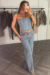 diamante rhinestone bandeau corset top denim zara womens