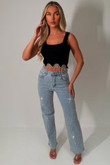 womens diamante jeans stretchy wide leg high waisted denim styledup uk sale