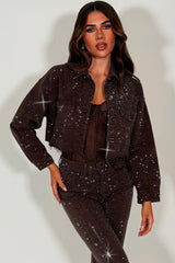 rhinestone diamante crop denim jacket denim brown