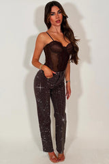 rhinestone diamante denim brown pants womens zara