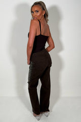 denim brown high waist wide leg jeans with diamante rhinestones styledup