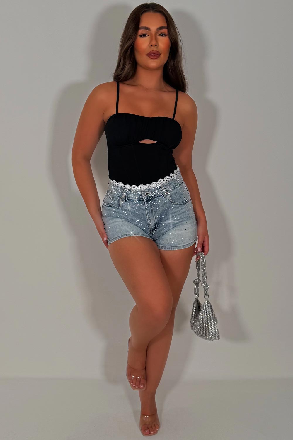 diamante rhinestone grey denim shorts with lace trim summer holiday outfit styledup uk