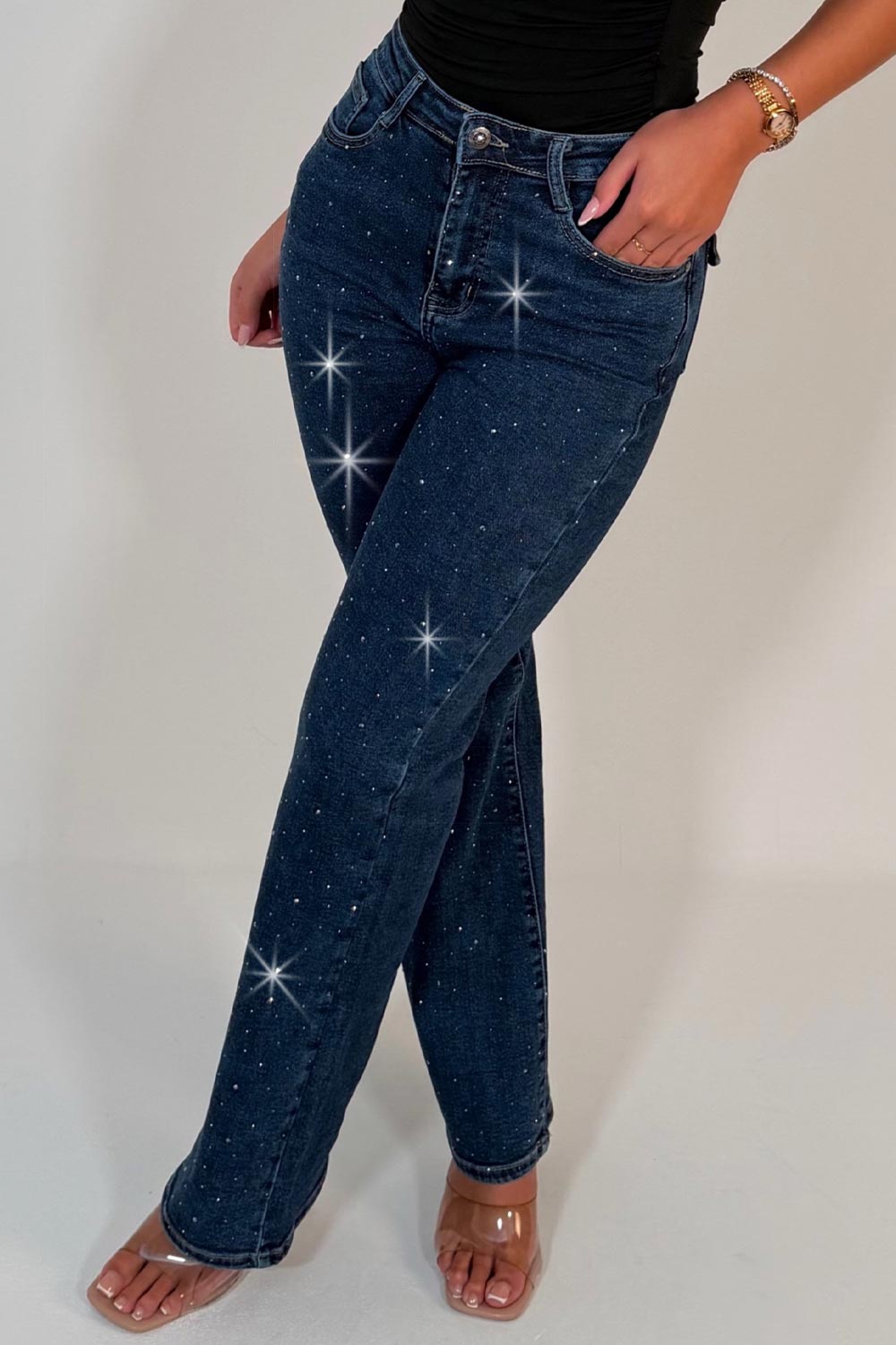 diamante rhinestone high waisted sparkly jeans denim blue womens