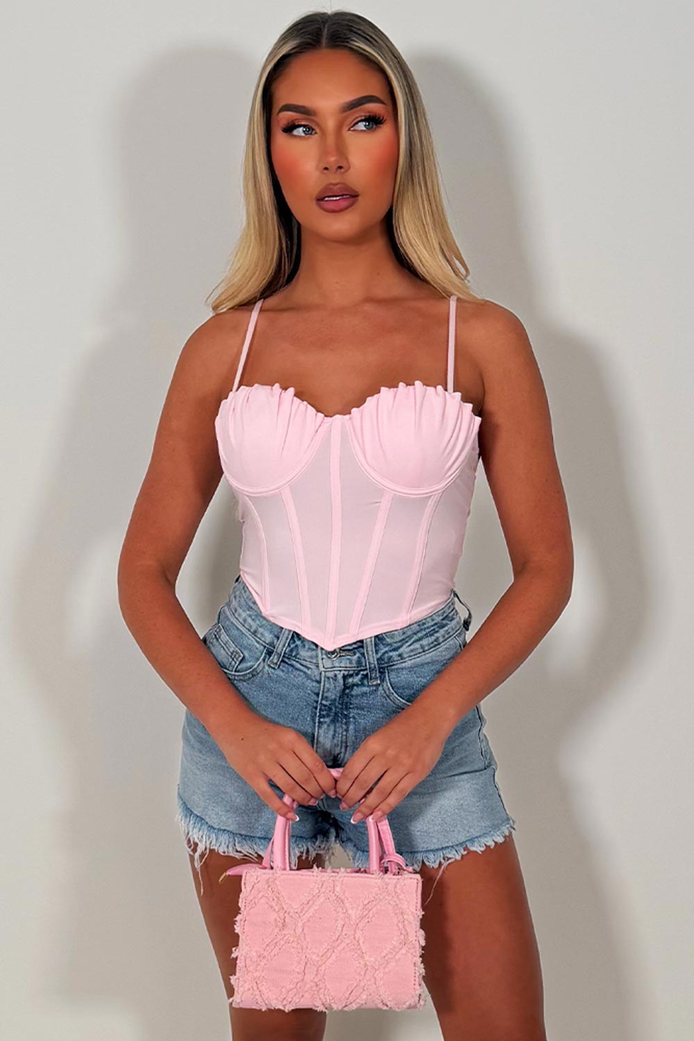 denim blue shorts with contrast pink pocket diamante rhinestone applique womens