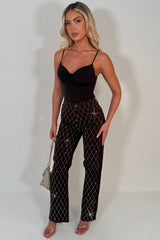 womens denim brown diamante jeans high waisted styledup uk sale