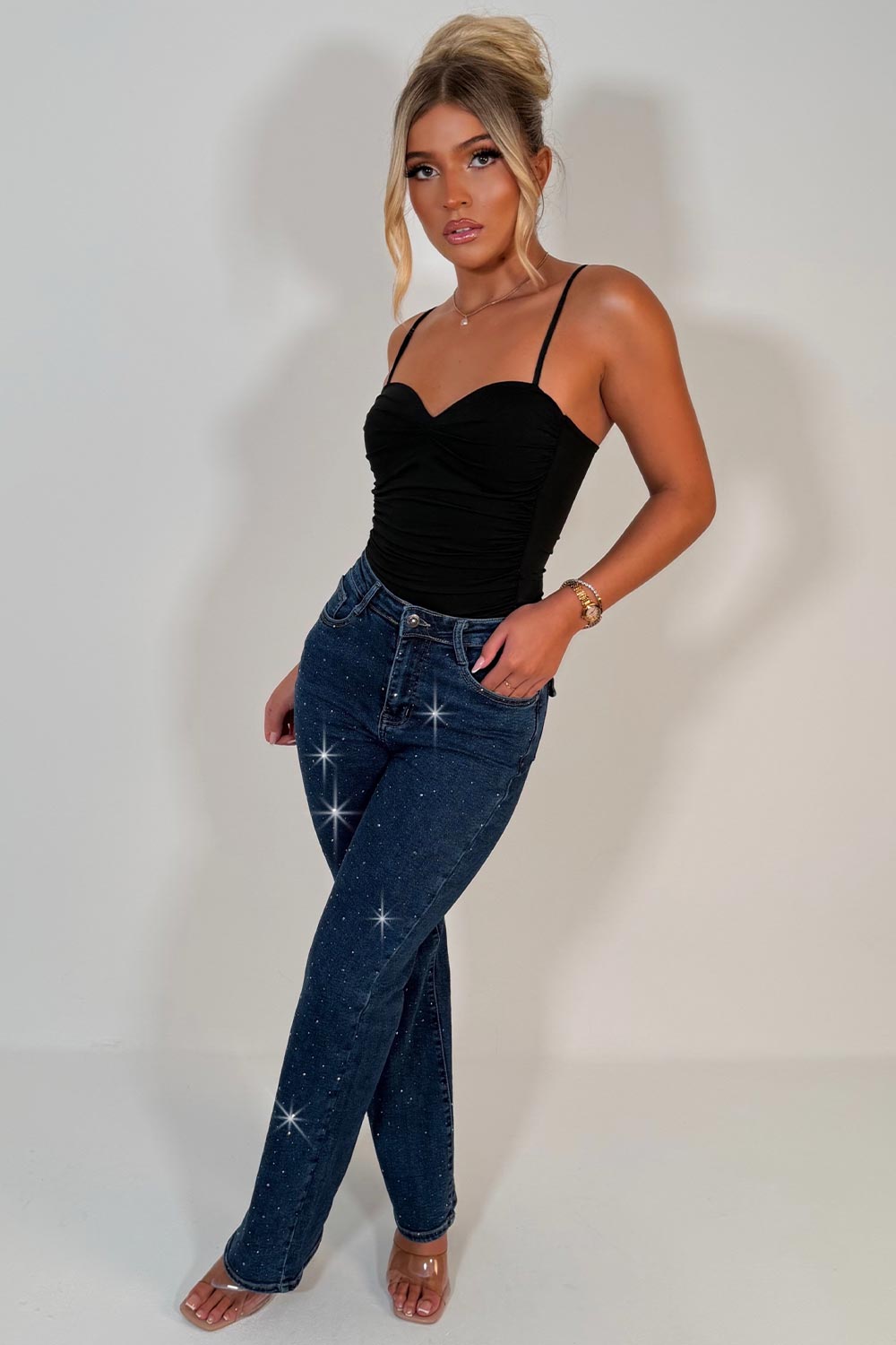 denim blue diamante rhinestone sparkly jeans womens christmas party outfit