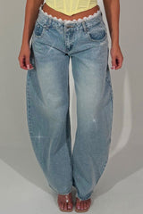 denim high waist wide leg jeans with lace trim and diamante rhinestones styledup zara uk