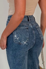 womens wide leg mid wash denim diamante jeans styledup uk sale