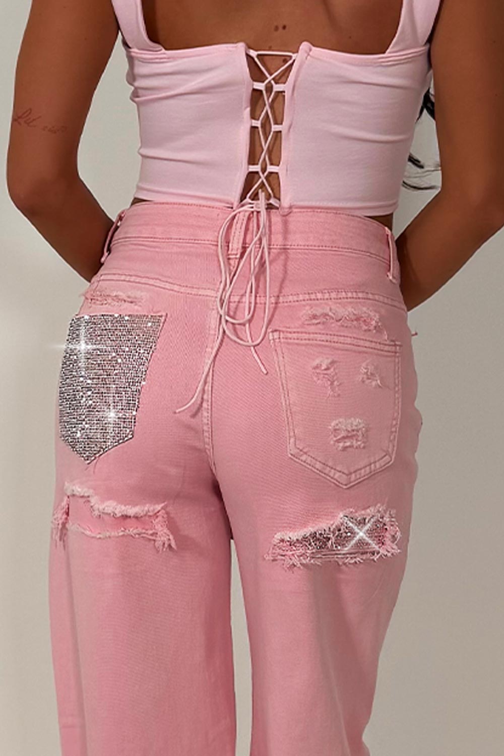 diamante rhinestone high waisted jeans denim pink womens