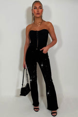 womens diamante rhinestone jeans denim black flared leg