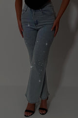 womens denim blue high waist flare leg jeans with diamante rhinestones uk styledup 