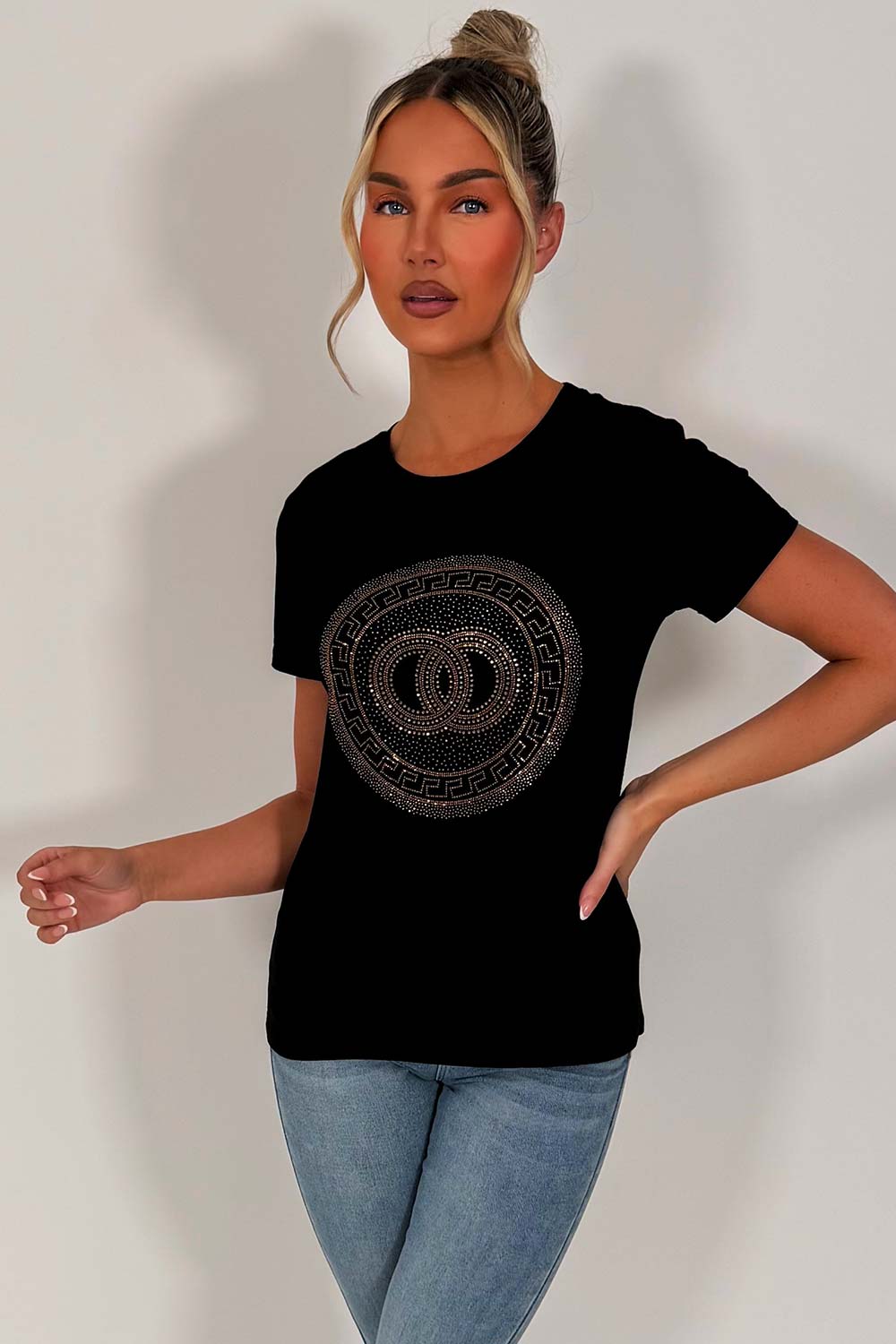 womens black t shirt with diamante rhinestone embellishment styledup uk