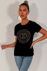 womens black t shirt with diamante rhinestone embellishment styledup uk