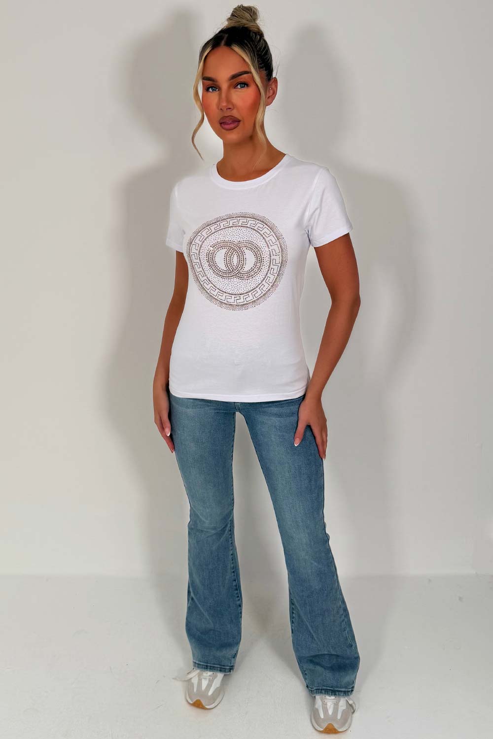 womens rhinestone diamante embellishment t shirt white styledup fashion