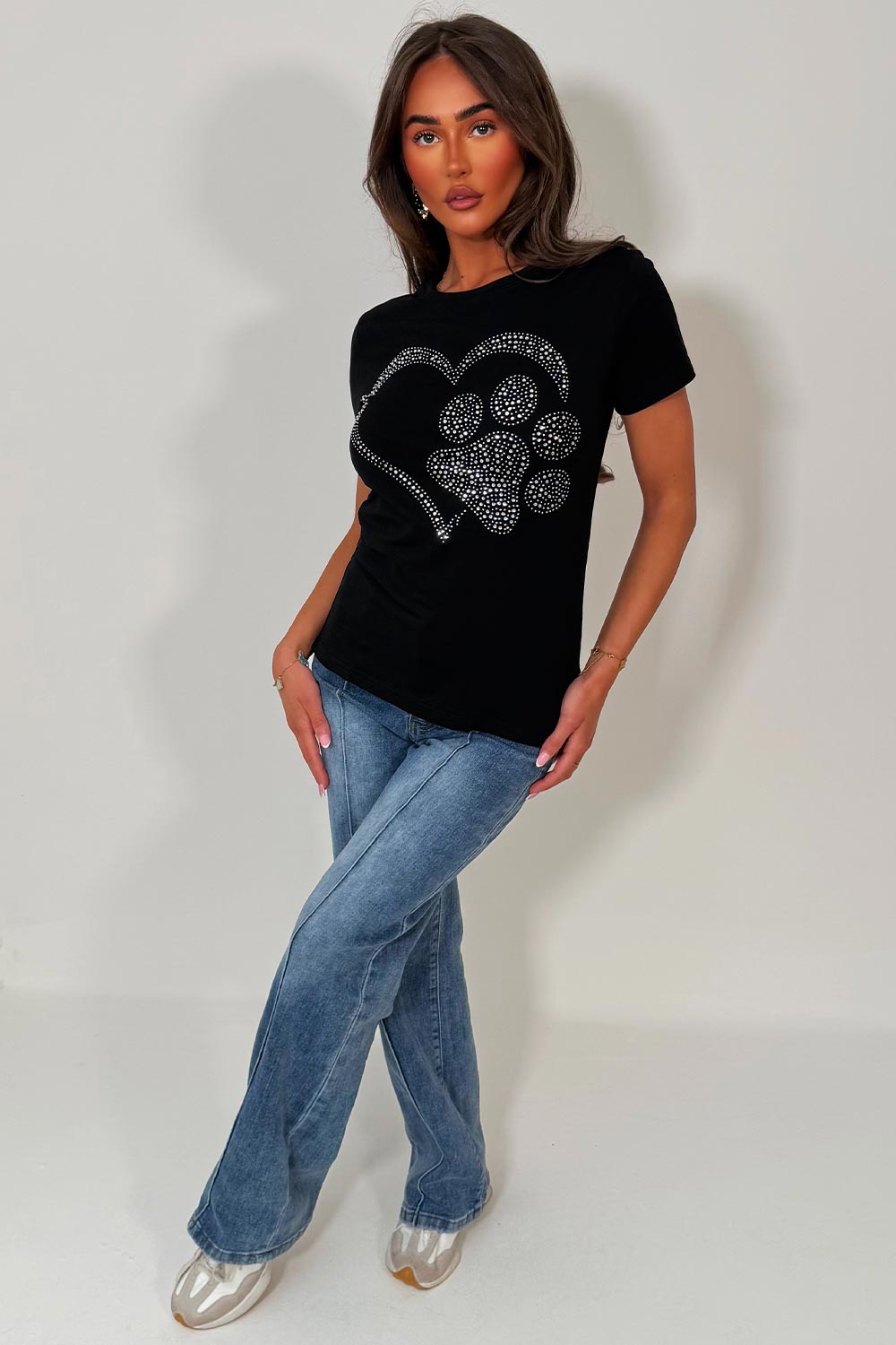 womens rhinestone diamante embellishment t shirt black 