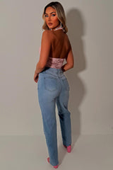 womens diamante rhinestone high waisted jeans denim blue womens