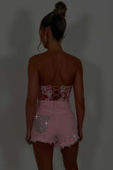 diamante rhinestone contrast pocket ripped denim shorts for womens zara uk sale