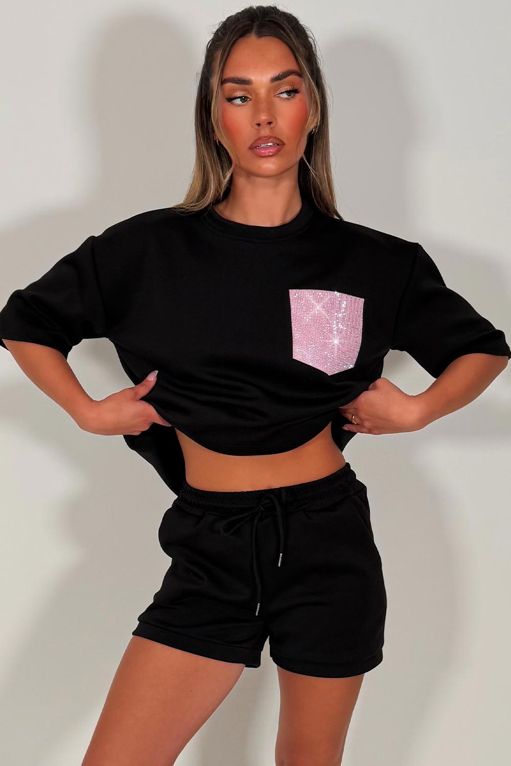 pink diamante rhinestone pocket shorts and tee shirt two piece co ord set holiday summer outfit styledup white fox uk 