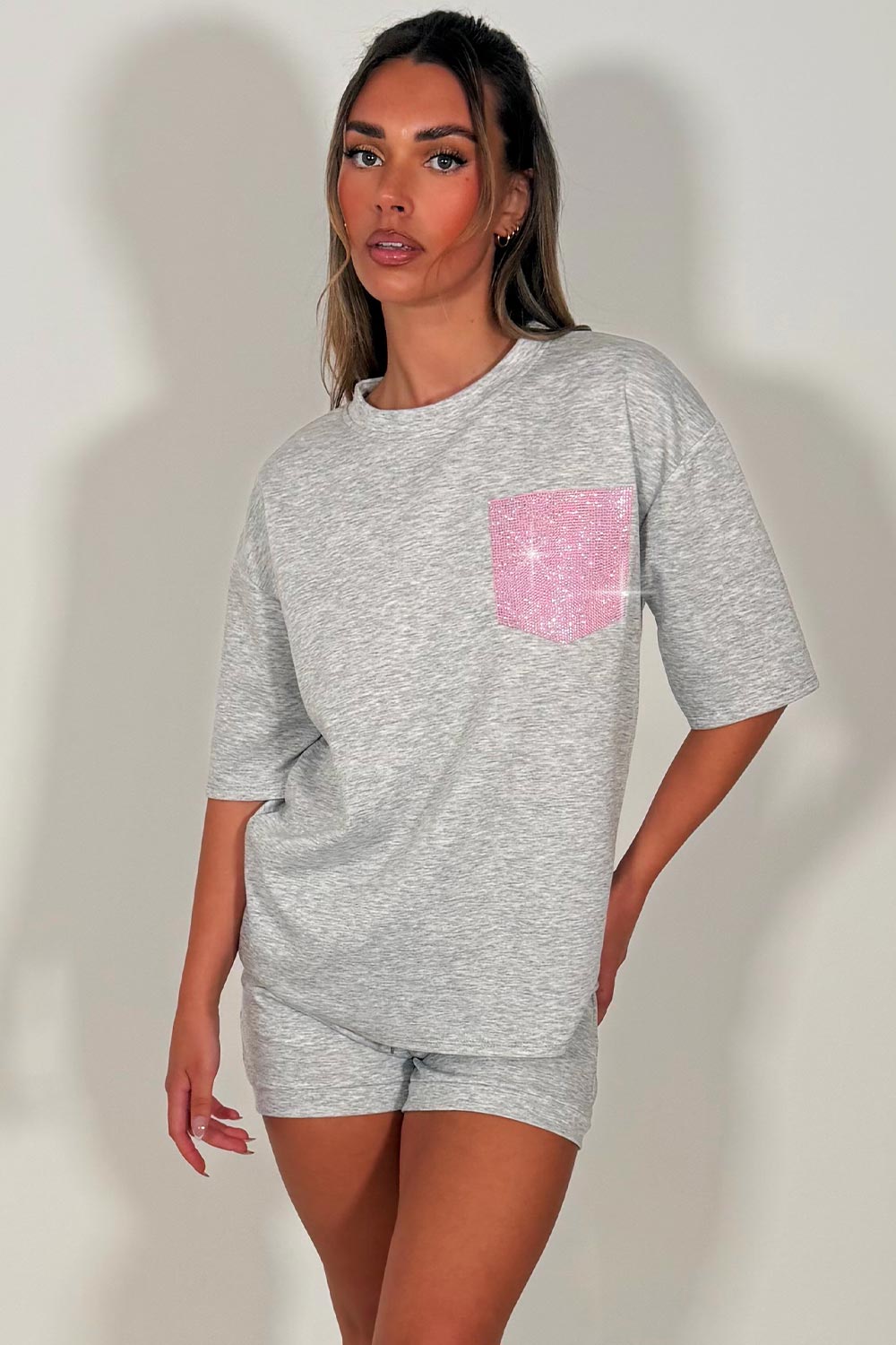 womens pink diamante rhinestone pocket top and shorts two piece co ord styledup white fox uk