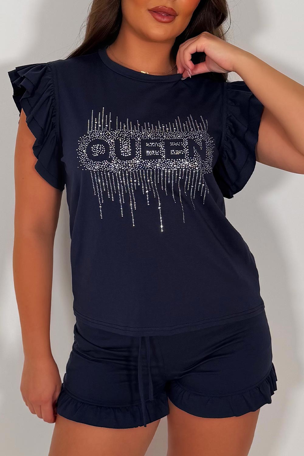 diamante rhinestone queen slogan t shirt and shorts co ord summer holiday outfit for womens styledup