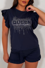 diamante rhinestone queen slogan t shirt and shorts co ord summer holiday outfit for womens styledup