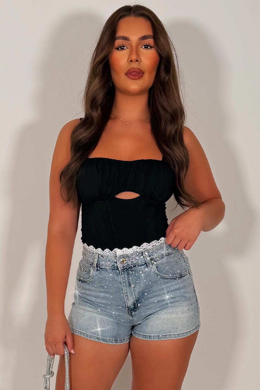 lace trim denim shorts with diamante rhinestones applique uk