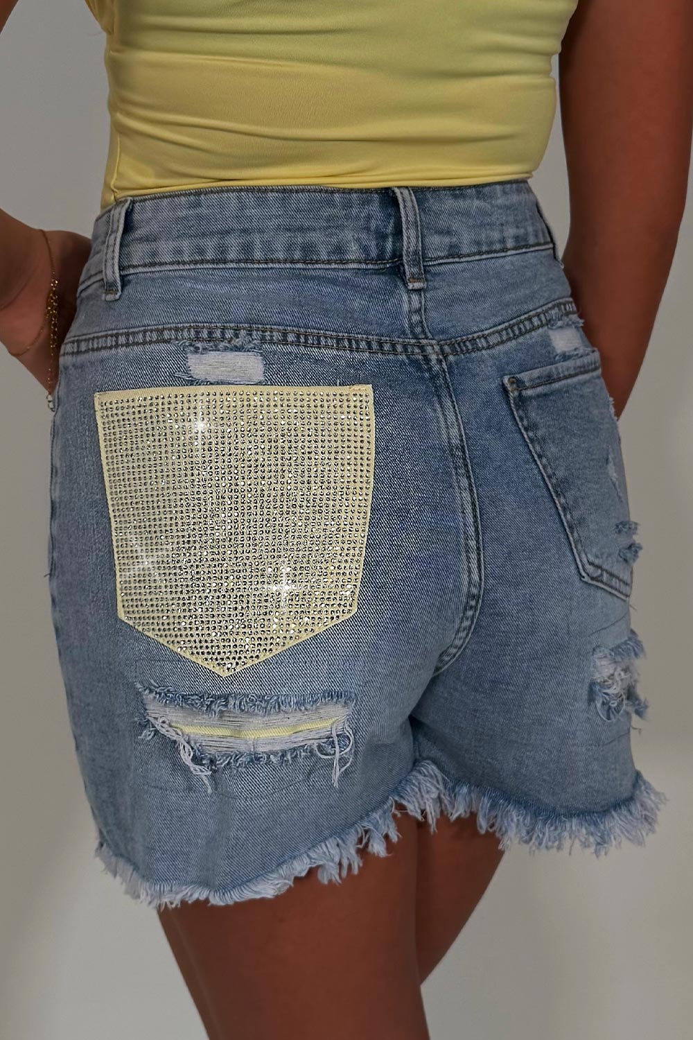 diamante rhinestone contrast pocket denim blue shorts womens summer holiday outfit