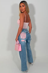 diamante rhinestone pocket relaxed oversize denim blue jeans womens uk