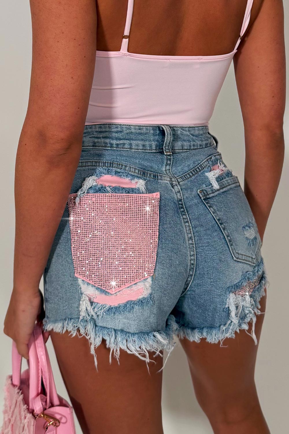 diamante rhinestone contrast pocket denim blue shorts womens summer holiday outfit 