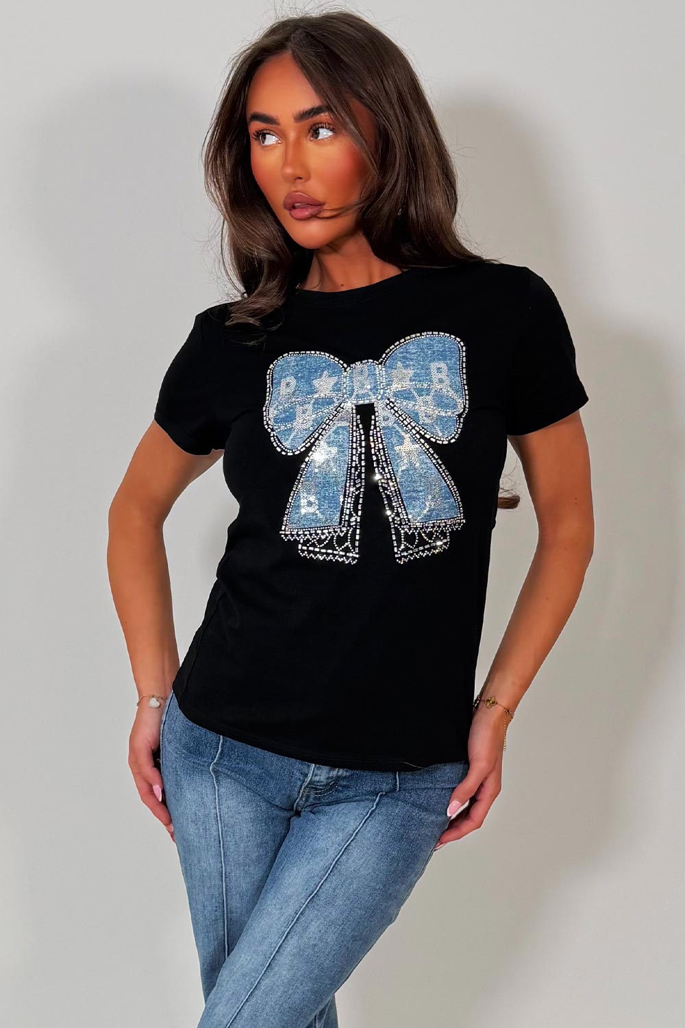 womens black diamante rhinestone embellishment t shirt styledup uk