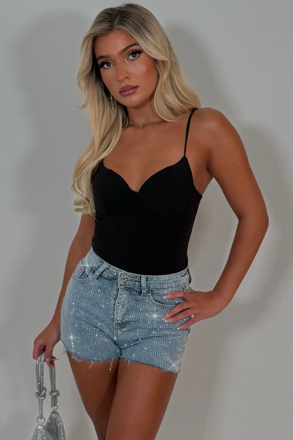 diamante rhinestone denim shorts high waisted festival night out rave outfit uk styledup