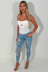 diamante rhinestone high waisted jeans denim blue womens