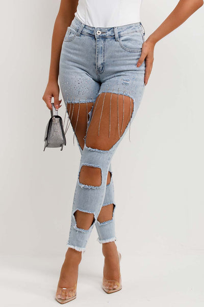 Minimal Ripped Jeans Women's Ripped Skinny Jeans With Diamante Detail Light Wash Denim ...