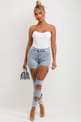 high waist ripped skinny jeans with diamante detail