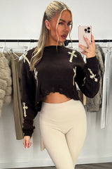 cropped long sleeve oversized knitted jumper with crosses 