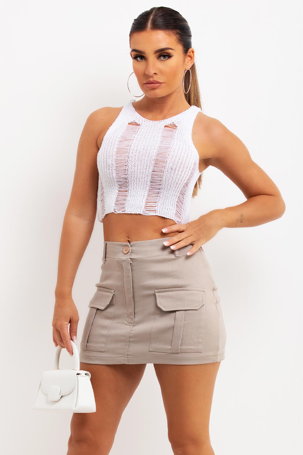 white distressed knitted crop top