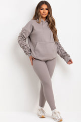 womens ruched sleeve hoodie and leggings two piece loungewear set