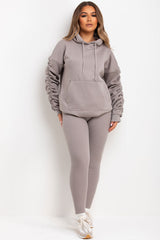 ruched sleeve oversized hoodie and leggings loungewear set dove grey