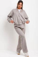 womens bomber sweatshirt with zip straight leg joggers and tee shirt 3 piece tracksuit set loungewear co ord styled up