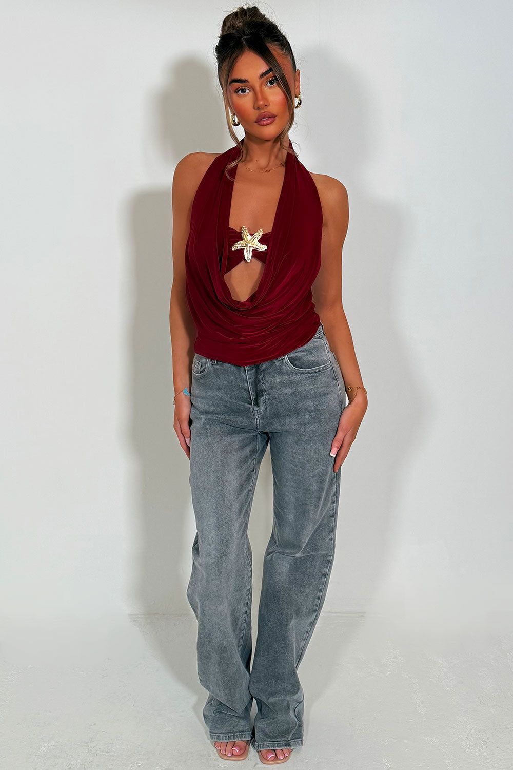 cowl halter neck backless top with gold star fish buckle detail styledup