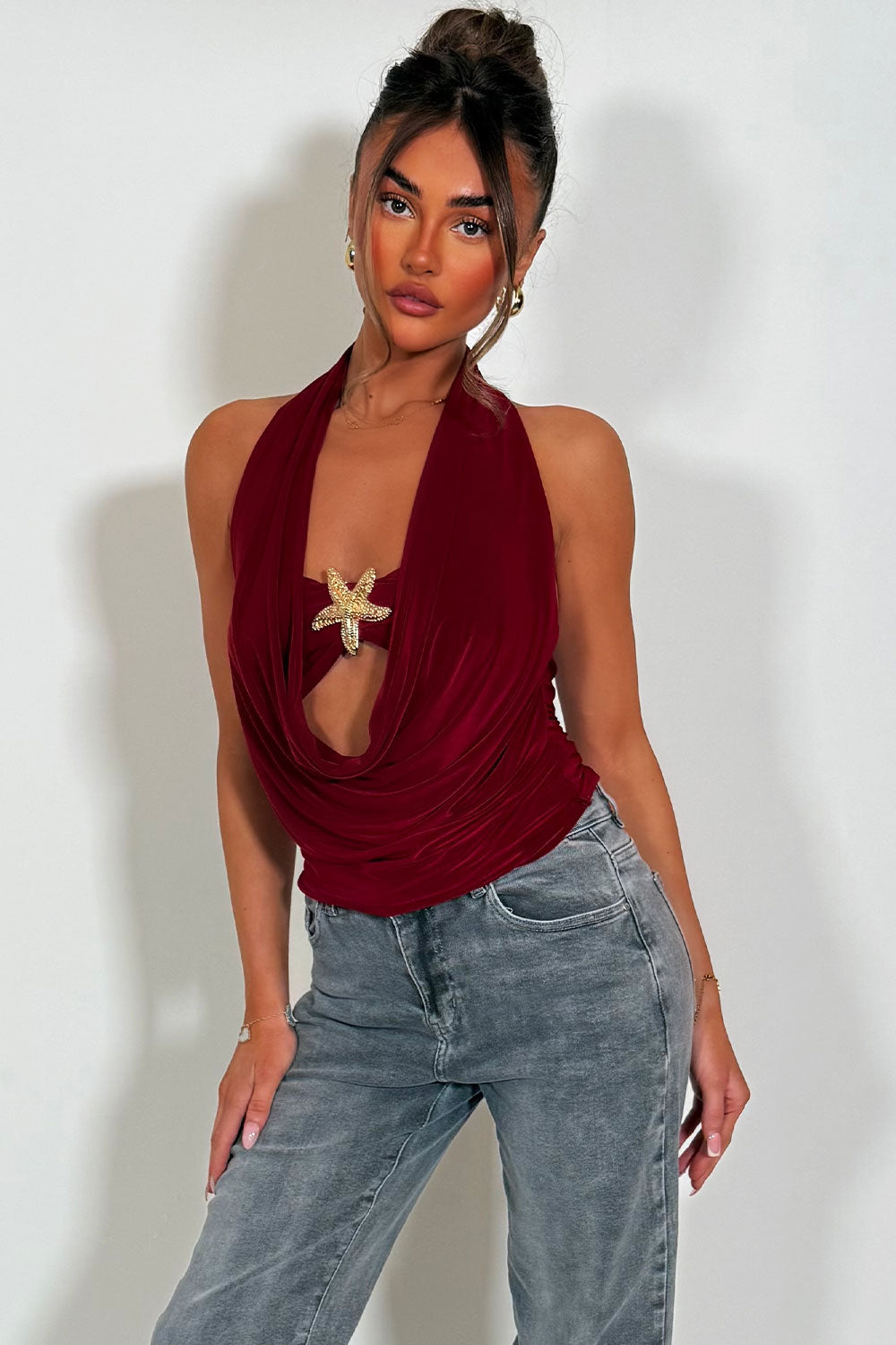 burgundy halter cowl neck backless top with gold buckle styledup