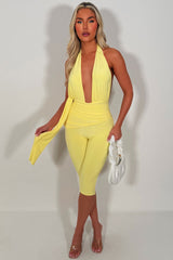 womens yellow backless plunge neck capri jumpsuit with drape detail going out summer occasion outfit for night out party holidays uk styledup
