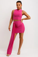 pink ruched drape skirt and top co ord set