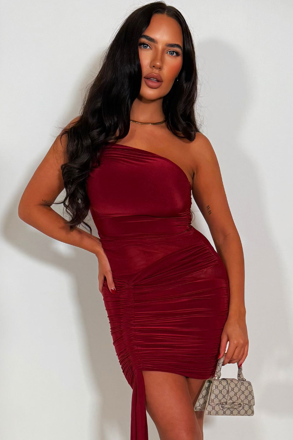 ruched front drape detail mini dress christmas party outfit styledup 