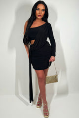 cut out drape detail one shoulder mini dress black