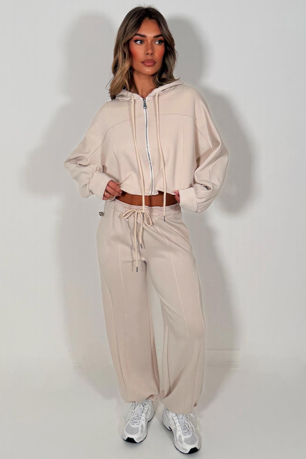 oatmeal oversized zip up crop hoodie and joggers tracksuit co ord for womens casual outfit airport outfit styledup 