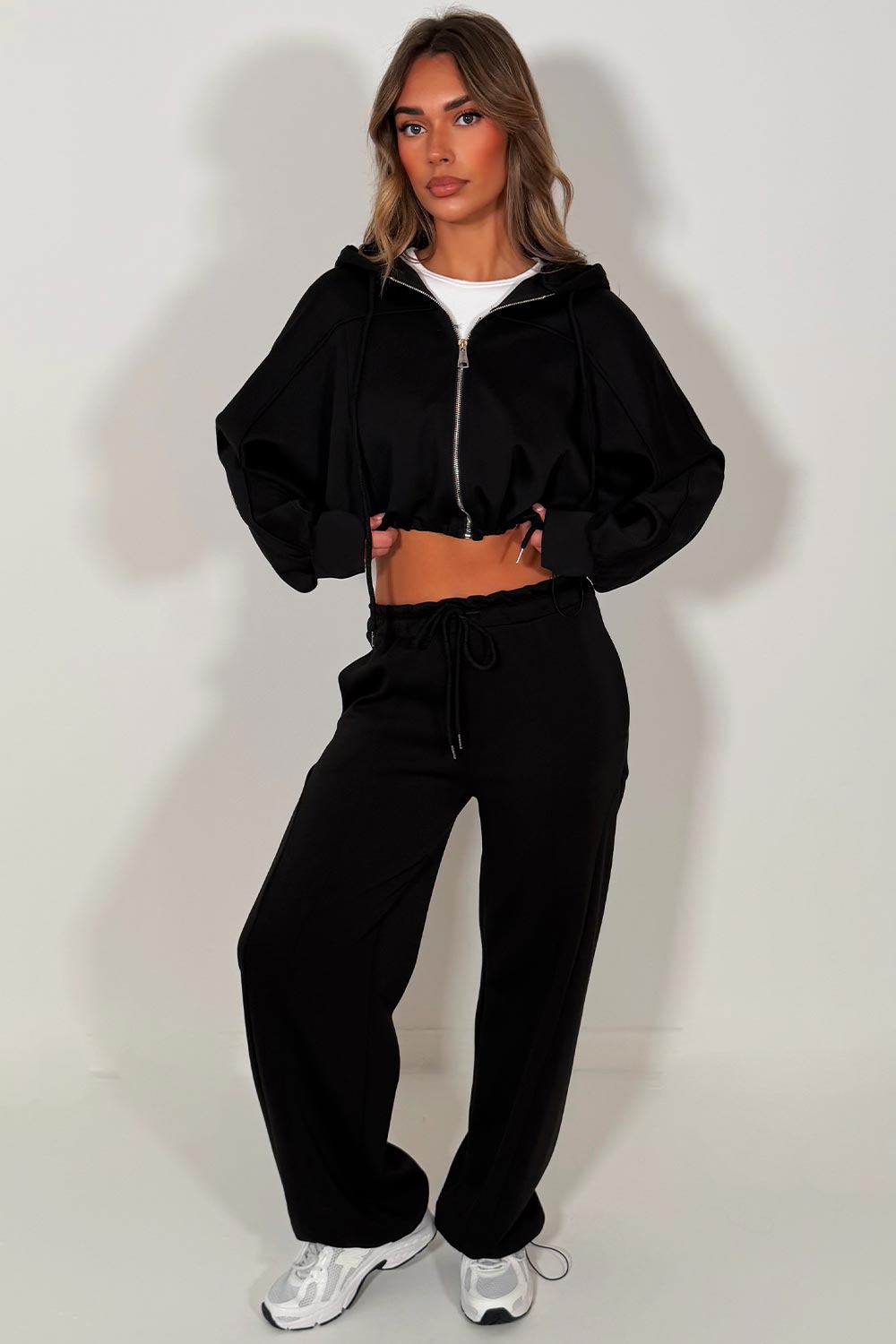 womens black zip up oversized hoodie with adjustbale drawstring waist and matching oversized joggers with adjustable drawstring hem tracksuit loungewear set styledup 
