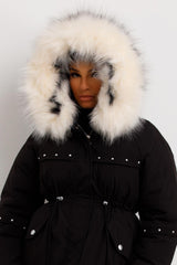 coat with faux fur hood and drawstring waist