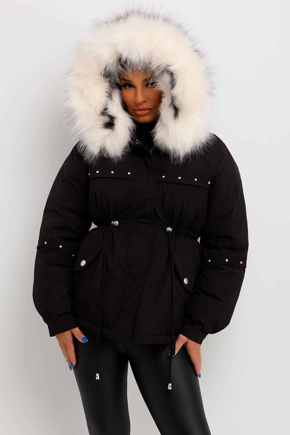 womens parka coat with drawstring waist and big faux fur hood